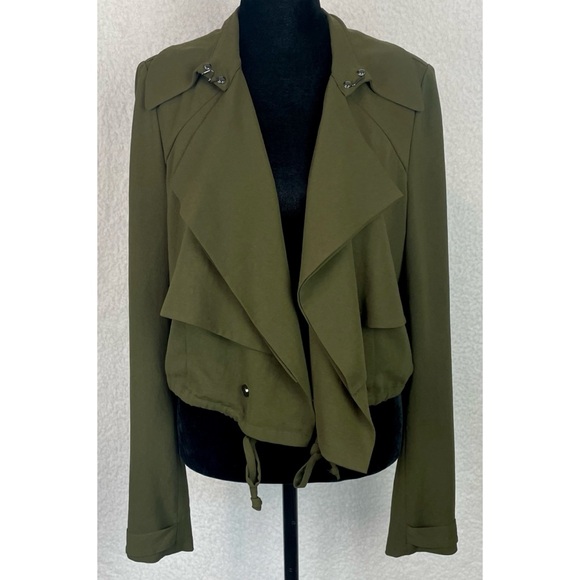 HAUTE HIPPIE • Olive Green Cropped Drawstring Trench Jacket, S - Picture 5 of 16